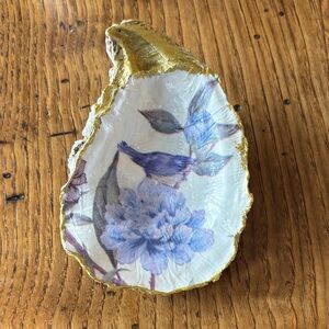 Blue Bird & Floral Decorative Decoupaged Oyster Shell with Gold Edge